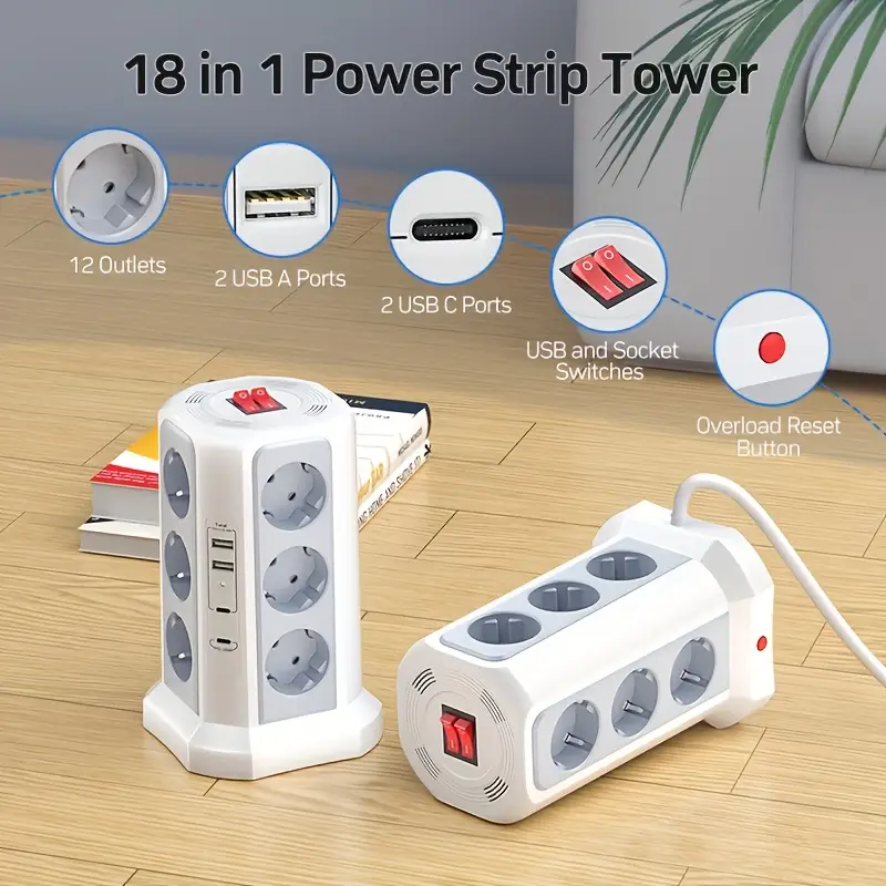 Torre de Energía Multifuncional HAFINO – 2x USB-A, 2x USB-C, 12 Posiciones, Carga Rápida 20W