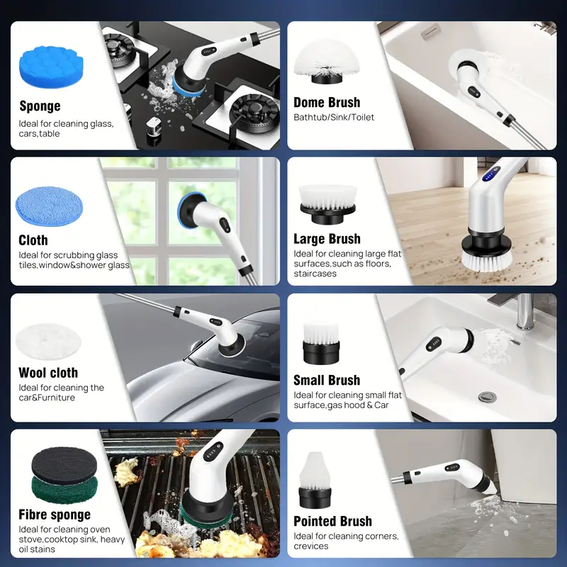 Fregadora Eléctrica 9 en 1 – Mango Extendido, 9 Cepillos Reemplazables & Carga USB