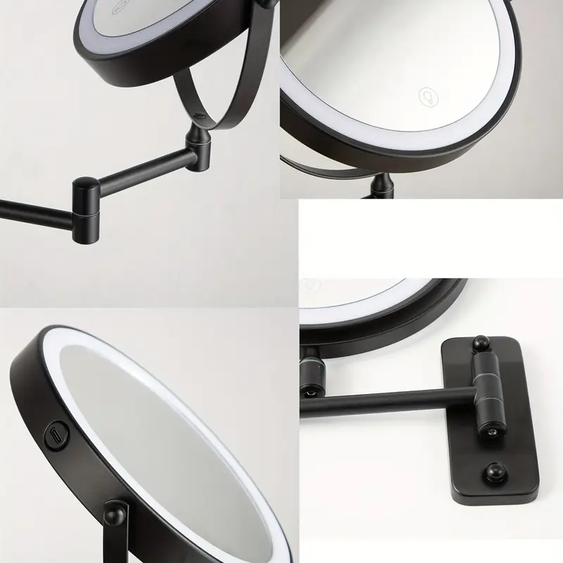 Espejo de Maquillaje de Pared con LED – Doble Cara 1x/10x, Luz Regulable y Brazo Giratorio 360