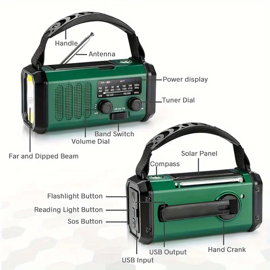 Radio de Emergencia 10000 mAh – Solar, Manivela y AM/FM con Linterna y SOS