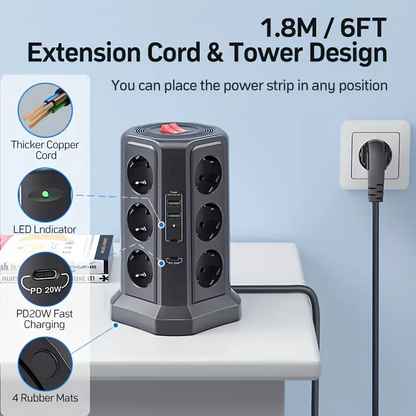 Torre de Energía Multifuncional HAFINO – 2x USB-A, 2x USB-C, 12 Posiciones, Carga Rápida 20W