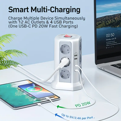 Torre de Energía Multifuncional HAFINO – 2x USB-A, 2x USB-C, 12 Posiciones, Carga Rápida 20W