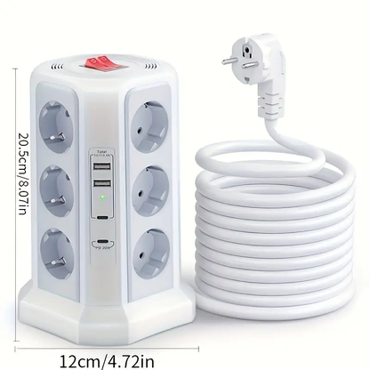 Torre de Energía Multifuncional HAFINO – 2x USB-A, 2x USB-C, 12 Posiciones, Carga Rápida 20W
