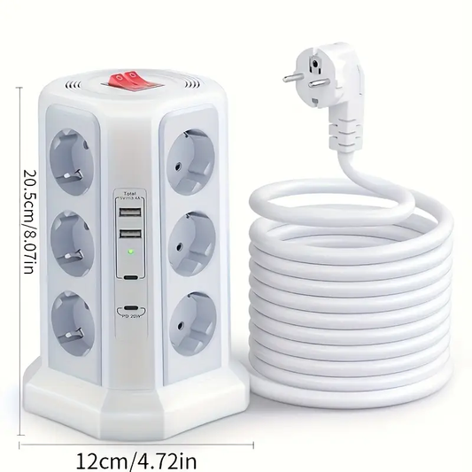 Torre de Energía Multifuncional HAFINO – 2x USB-A, 2x USB-C, 12 Posiciones, Carga Rápida 20W