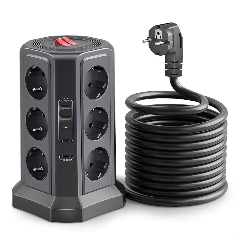 Torre de Energía Multifuncional HAFINO – 2x USB-A, 2x USB-C, 12 Posiciones, Carga Rápida 20W