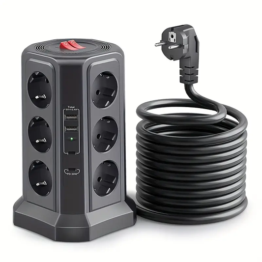 Torre de Energía Multifuncional HAFINO – 2x USB-A, 2x USB-C, 12 Posiciones, Carga Rápida 20W