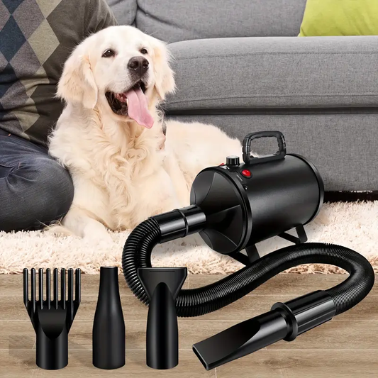 Secador de Pelo Silencioso para Perros – Velocidad Ajustable, 4 Boquillas & Manguera Flexible