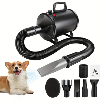 Secador de Pelo Silencioso para Perros – Velocidad Ajustable, 4 Boquillas & Manguera Flexible