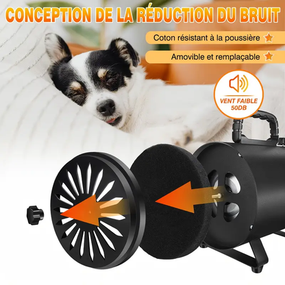 Secador de Pelo Silencioso para Perros – Velocidad Ajustable, 4 Boquillas & Manguera Flexible