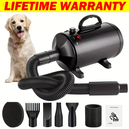 Secador de Pelo Silencioso para Perros – Velocidad Ajustable, 4 Boquillas & Manguera Flexible
