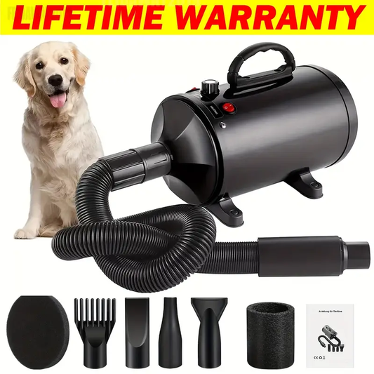Secador de Pelo Silencioso para Perros – Velocidad Ajustable, 4 Boquillas & Manguera Flexible