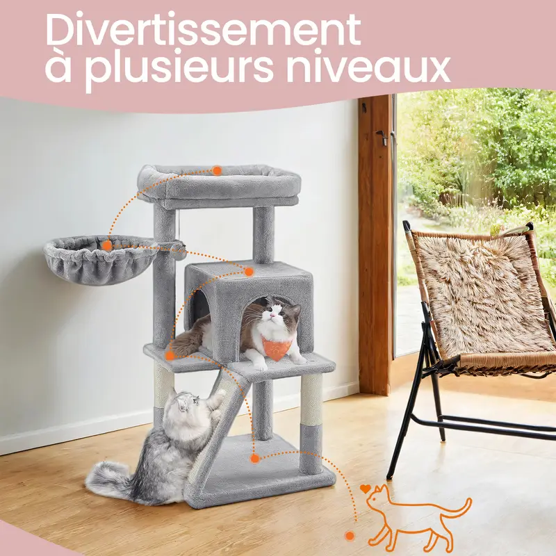 Árbol para Gatos Pequeños, con Plataforma Extendida, Poste Rascador y Barandilla
