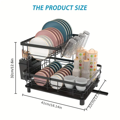 Escurridor de Platos de Doble Capa – Con Soporte para Utensilios y Portavasos, Negro