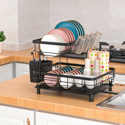 Escurridor de Platos de Doble Capa – Con Soporte para Utensilios y Portavasos, Negro