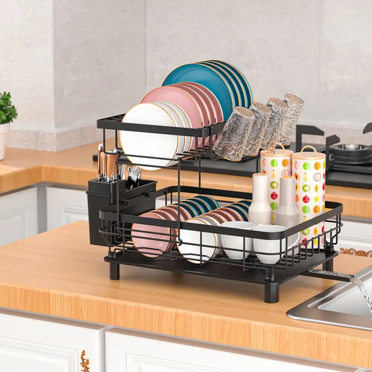 Escurridor de Platos de Doble Capa – Con Soporte para Utensilios y Portavasos, Negro
