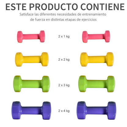 Juego de 8 Mancuernas Hexagonales – 1 a 4 kg, Revestimiento de Neopreno Antideslizante