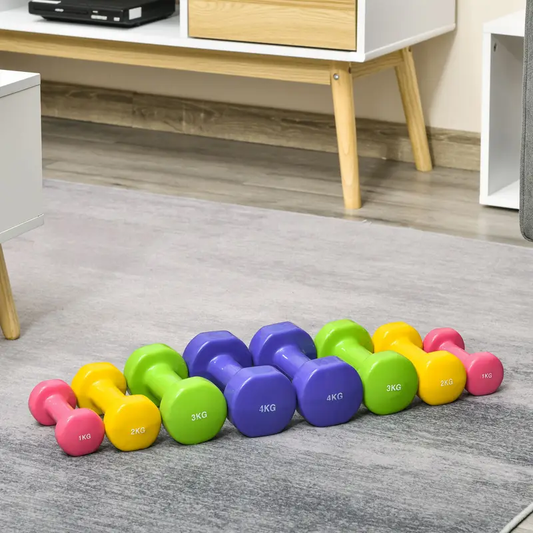 Juego de 8 Mancuernas Hexagonales – 1 a 4 kg, Revestimiento de Neopreno Antideslizante