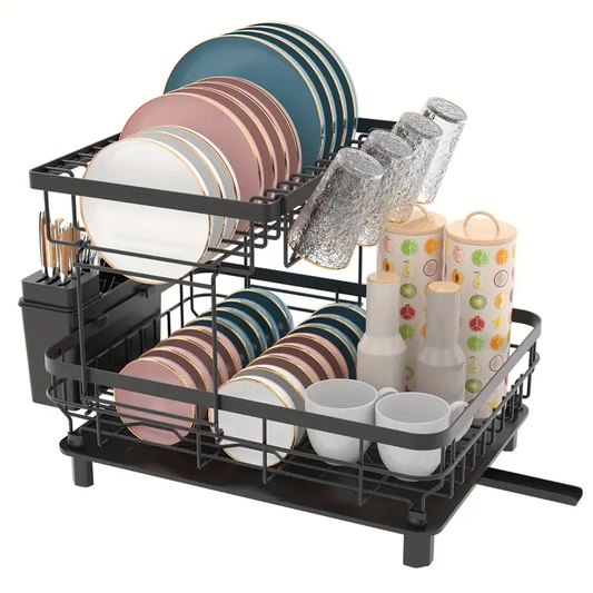 Escurridor de Platos de Doble Capa – Con Soporte para Utensilios y Portavasos, Negro