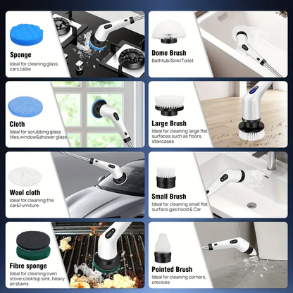 Fregadora Eléctrica 9 en 1 – Mango Extendido, 9 Cepillos Reemplazables & Carga USB
