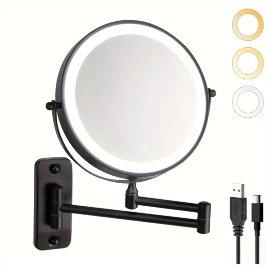 Espejo de Maquillaje de Pared con LED – Doble Cara 1x/10x, Luz Regulable y Brazo Giratorio 360