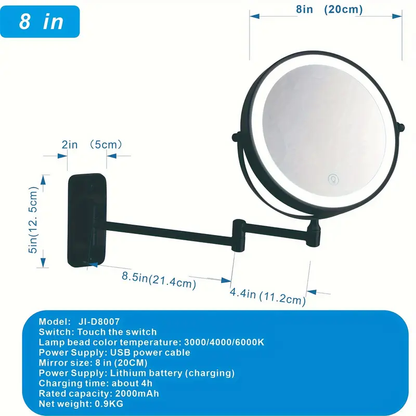 Espejo de Maquillaje de Pared con LED – Doble Cara 1x/10x, Luz Regulable y Brazo Giratorio 360